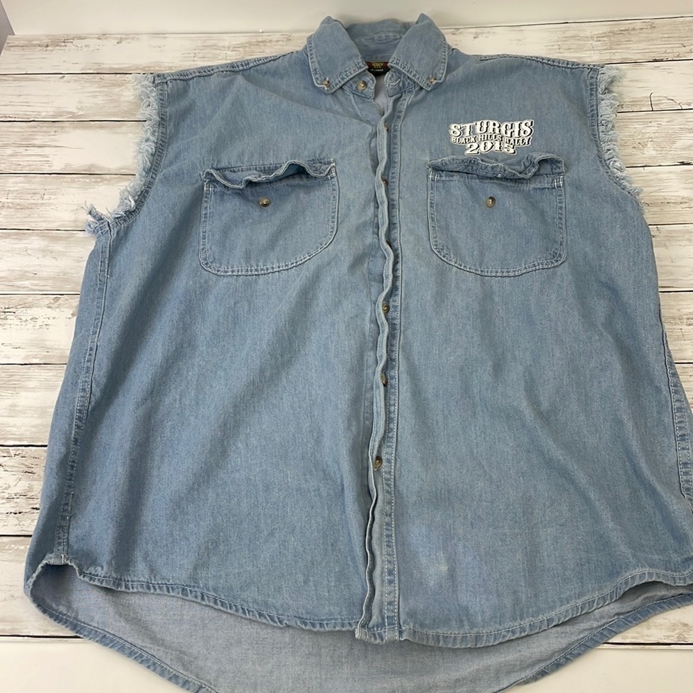 STURGIS MOTORCYCLE BLACK HILLS VALLEY SLEEVELESS JEAN SHIRT SZ XL - Picture 2 of 8